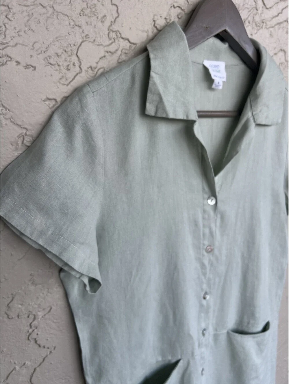 Sigrid Olsen Short Sleeves Linen Dress size Small Light Sage Green Front Pockets